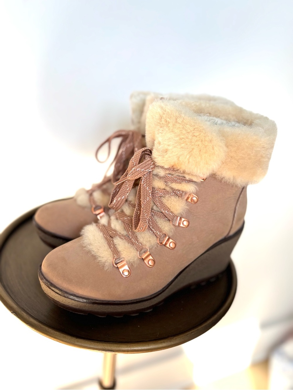 J Crew blush nubuck wedge fur booties sz 6